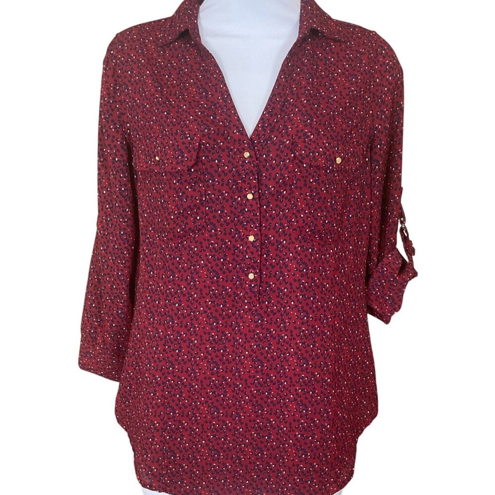 Skies Are Blue Roll Tab Sleeve V-Neck Burgundy Navy Button Front Blouse XS